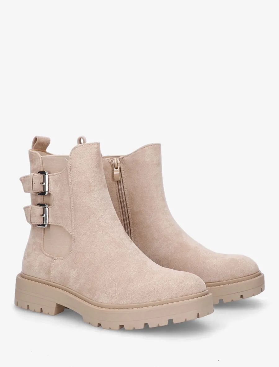 Boots montantes en suédine à double boucle - Beige