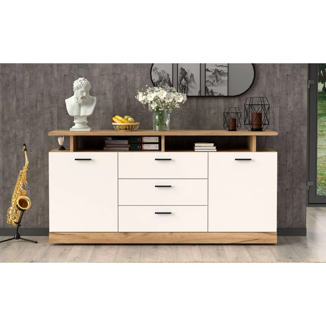 Buffet moderne 3 tiroirs et 2 portes L165cm Doresse Blanc et Chêne doré | 3 Suisses