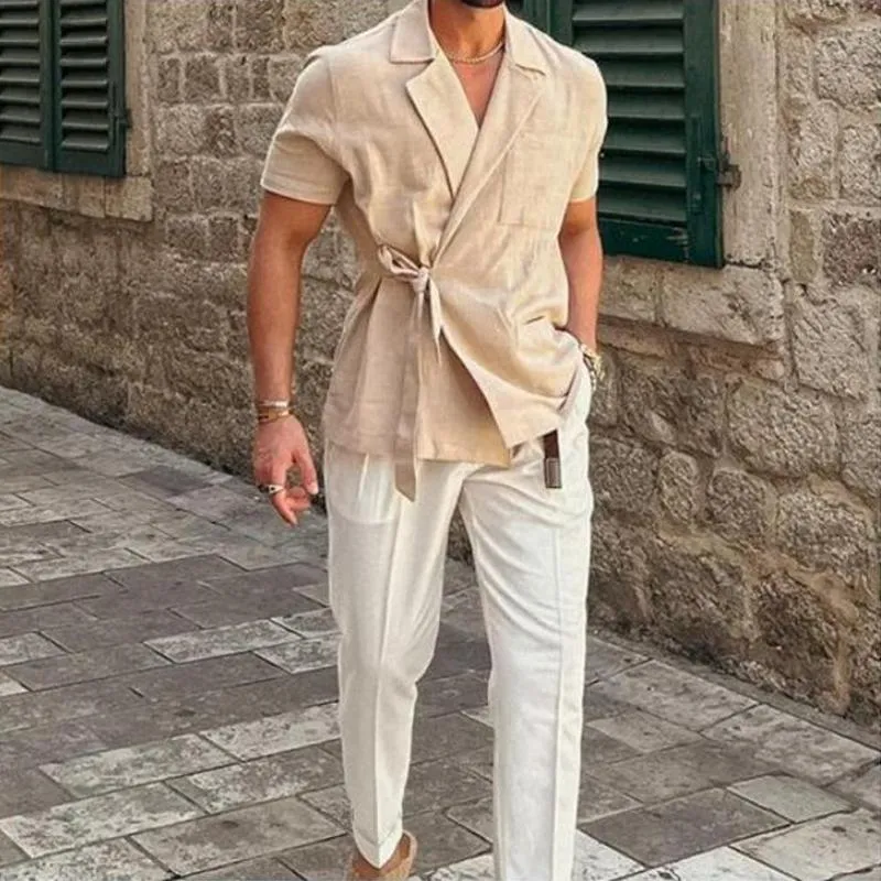 Chemise en lin uni à revers crantés année 70