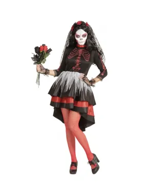 Déguisement Dia De Los Muertos, femme rouge et noir (robe, voile fleuri)