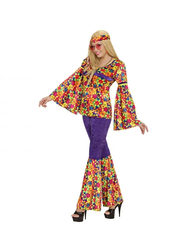 Déguisement hippie femme multicolore (chemise, pantalon, bandeau)