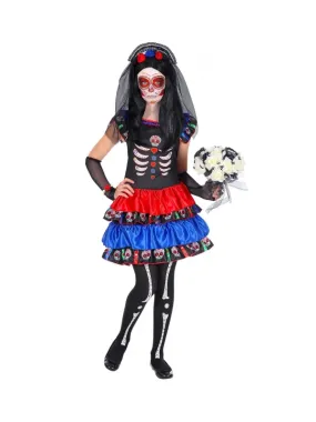 Déguisement jour des morts fille multicolore (robe rouge et bleue, chauffe-bras, serre-tête avec voile)
