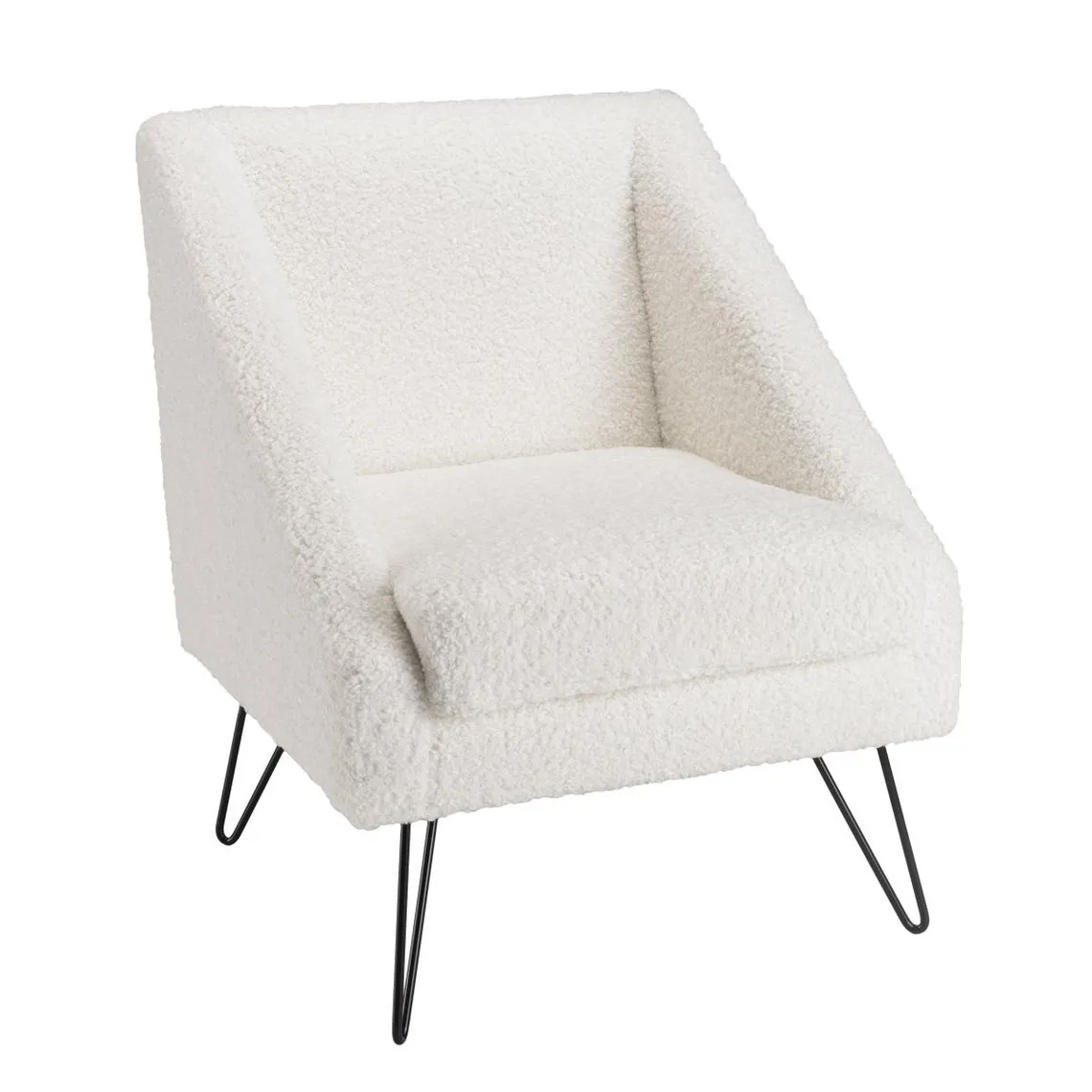 Fauteuil tissu bouclette blanc pieds épingles métal noir  | 3 Suisses