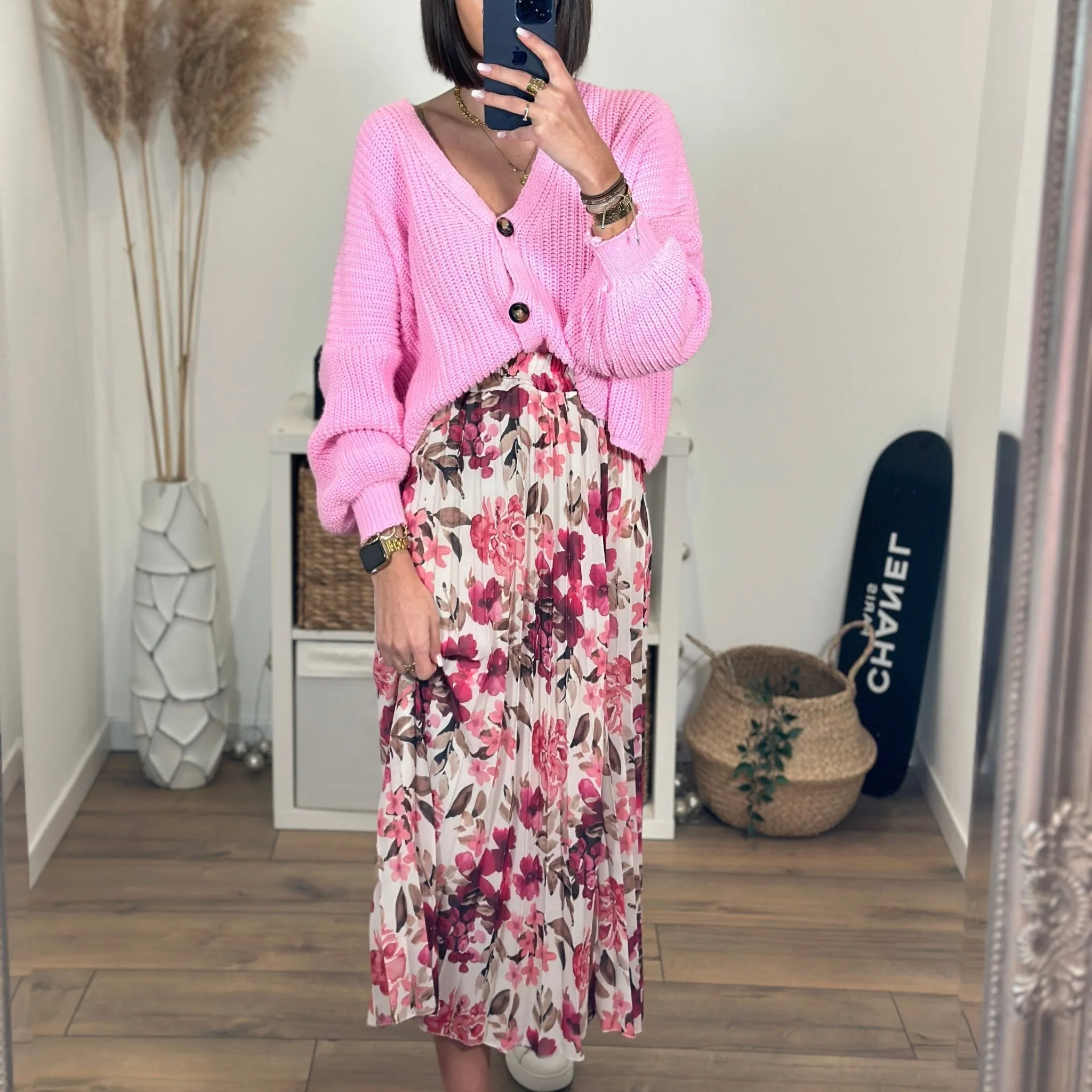 JUPE LONGUE FLEURIE BLANCHE ET ROSE CHARLIZE