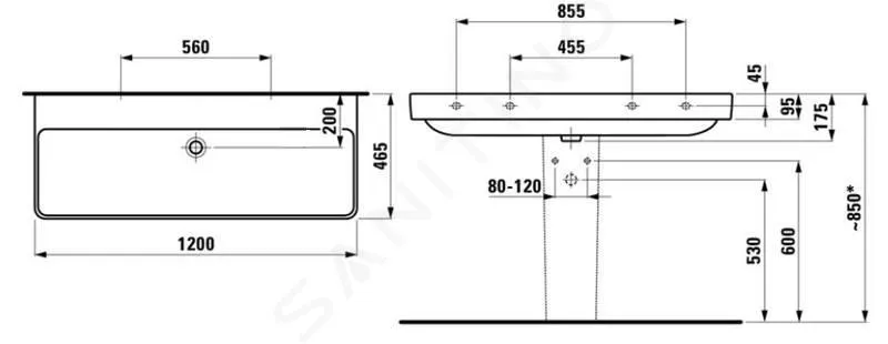 Laufen Pro S - Lavabo, 120x43 cm, sans trou pour mitigeur, blanc H8149650001091