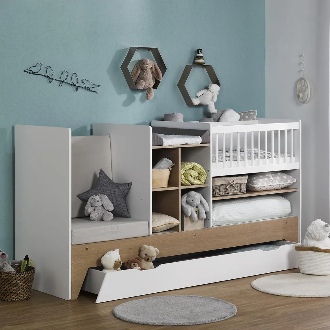 Lit bébé évolutif combiné Blanc & bois ECRIN | 3 Suisses