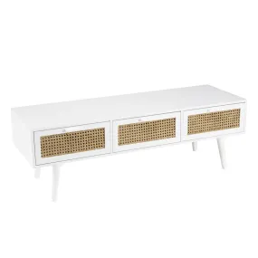 Meuble TV blanc 3 tiroirs cannage naturel  | 3 Suisses
