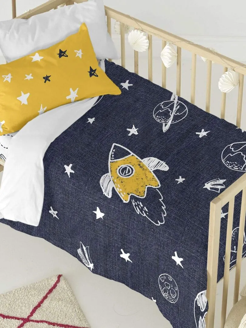 Parure housse de couette 2 pièces Starspace Berceau "Happyfriday" - Bleu Jaune