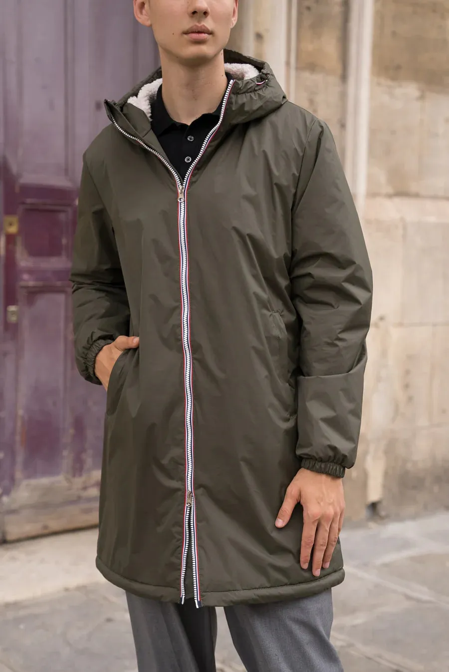 Précommande - Laura Jo - Manteau imperméable kaki HOMME fourré long, doublé en sherpa blanc