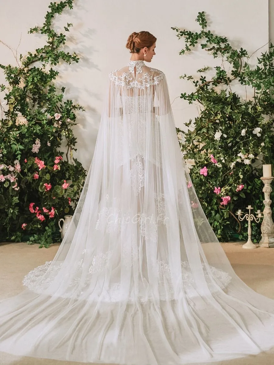 Robe De Mariée Royale Sirène Transparente Dentelle Avec Cape Fine Bretelle
