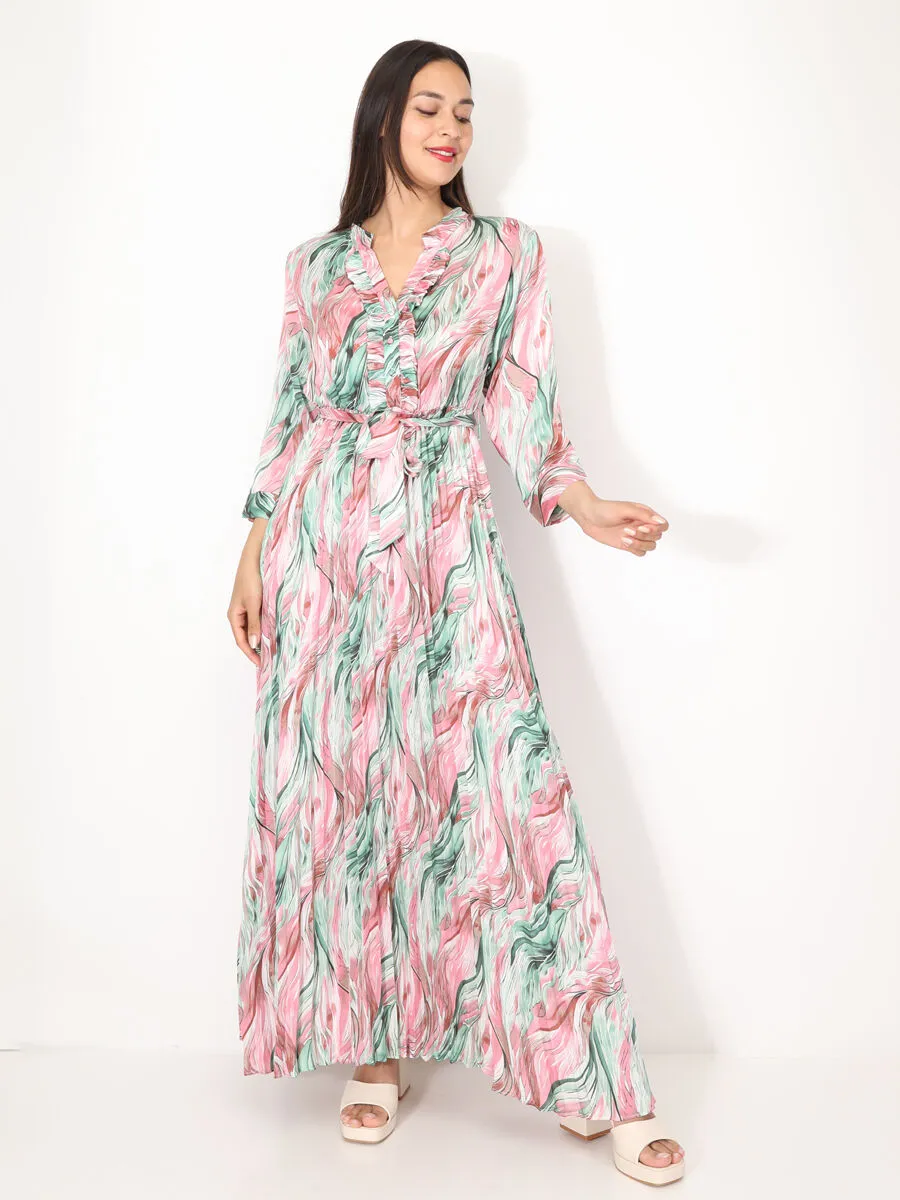 Robe longue plissée à imprimé abstrait- Multicolore
