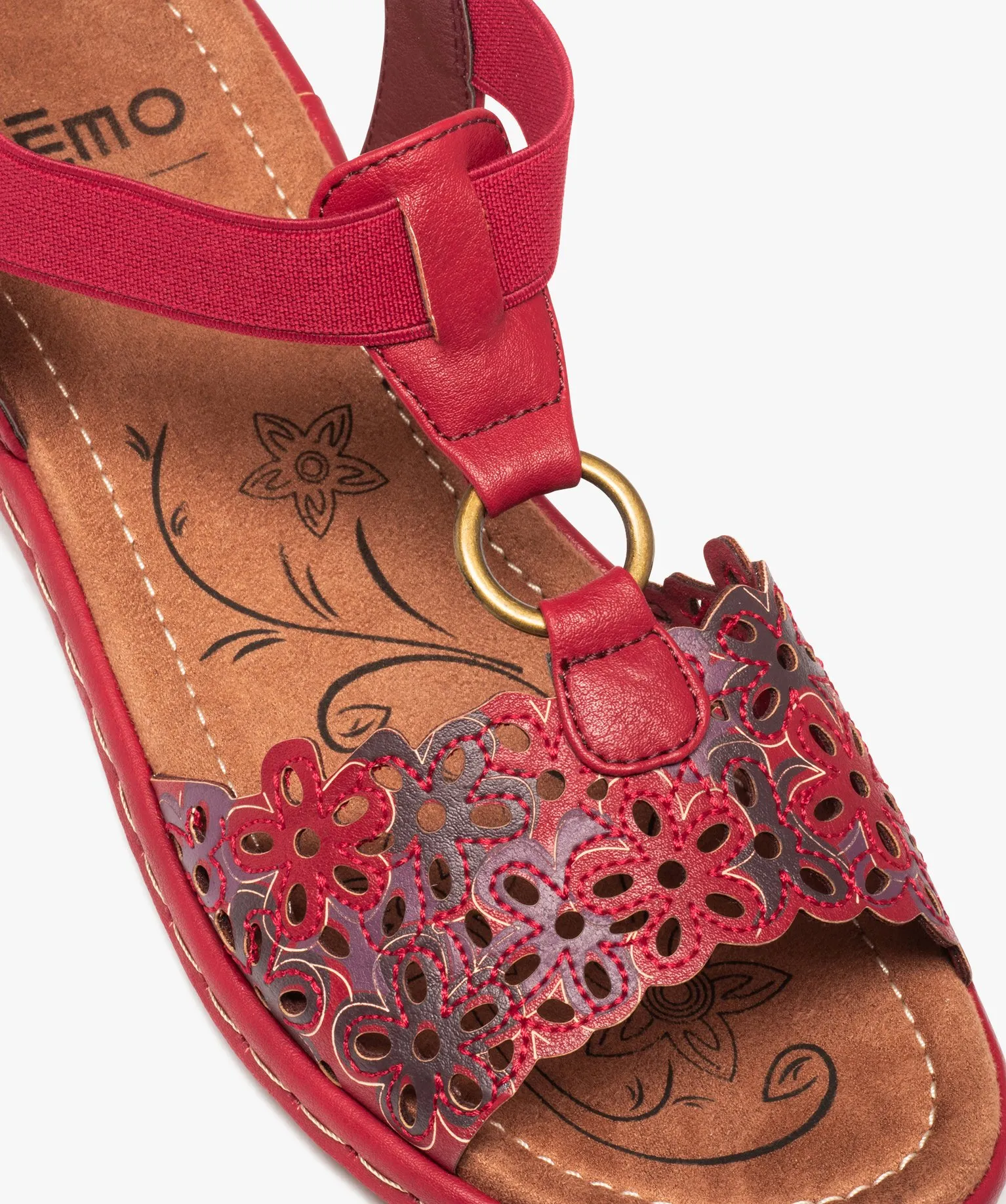 Sandales femme confort à enfiler avec bride fantaisie à fleurs rouge fonce