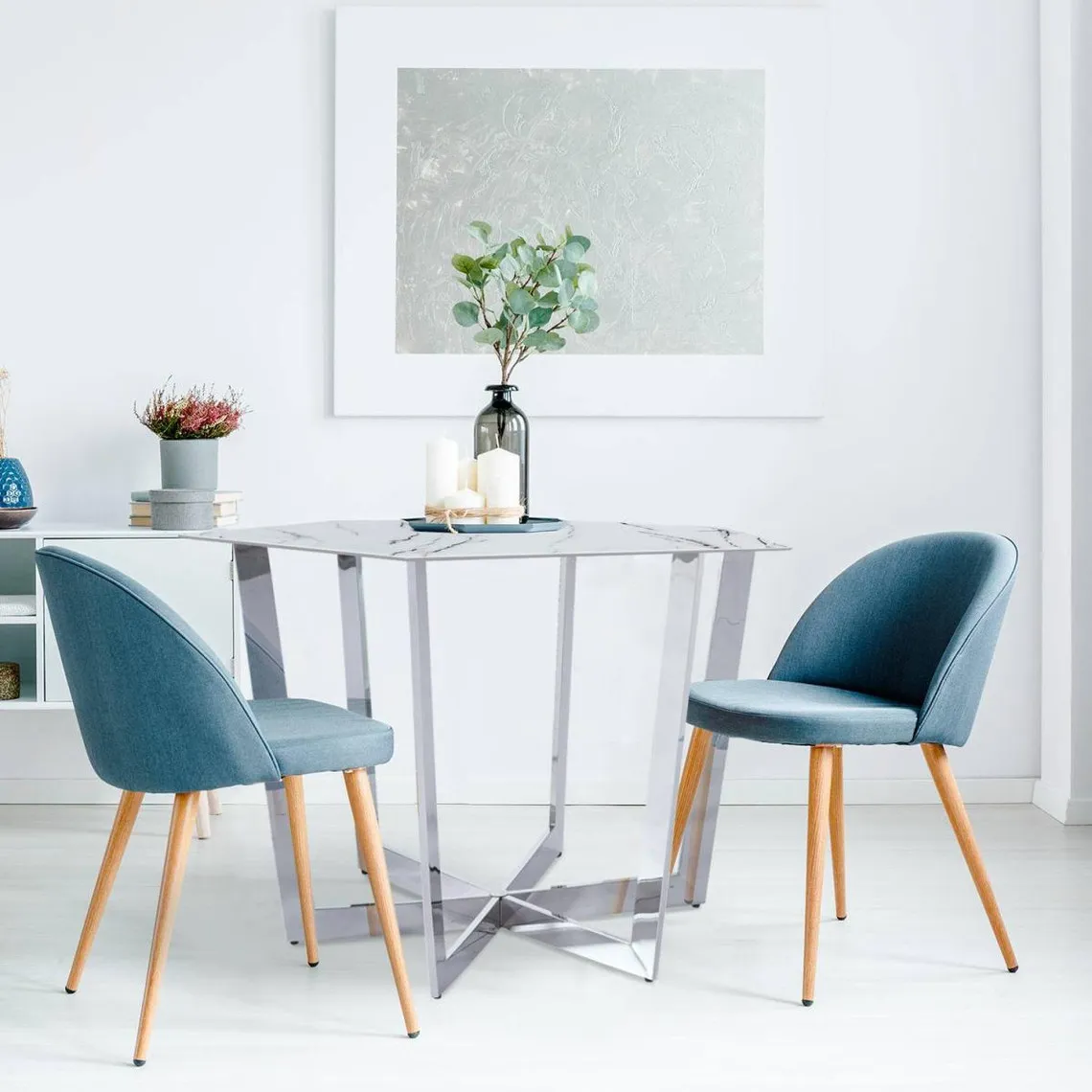 Table hexagonale 120cm Zadig Verre Effet marbre blanc et pied Métal Argent | 3 Suisses