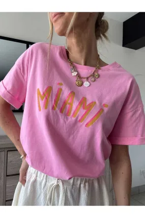 Tshirt Miami rose manches courtes retroussées